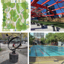 Clockwise: Ruppert Park’s redesign project is in its procurement phase; two new security cameras may be installed near Andrew Haswell Green Park this summer; John Jay’s new pool deck is expected to be completed by Memorial Day; St. Catherine’s Park’s design plans will be presented in May.