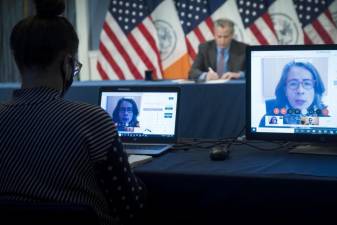 Dr. Oxiris Barbot on screen at a media briefing by Mayor Bill de Blasio at City Hall, Friday, May 1, 2020.