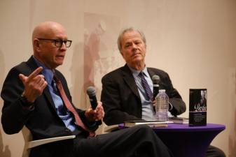 <i>NY Times</i> columnist Dan Barry (left) discusses the anthology <i>“Breslin: Essential Writing,”</i> which he compiled during a recent lecture with veteran city reporter Michael Daly at Hunter College. Photo: Matt Capowski
