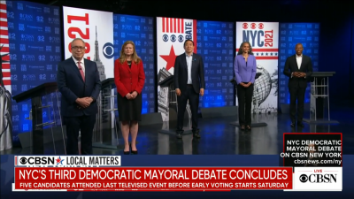 Screenshot of the third Democratic mayoral debate on Thursday, June 10 on CBS News. The debate featured five candidates (from left to right): Scott Stringer, Kathryn Garcia, Andrew Yang, Maya Wiley and Eric Adams.