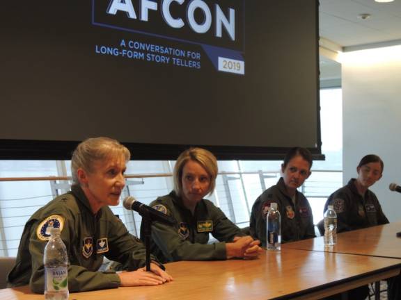 Women fighter pilots at AFCON (left to right): Brigadier General Jeannie Leavitt, Lieutenant Colonal Kristin Hubbard, Captain Kristin Wolfe, Captain Laney Schol. Photo: Lou Sepersky