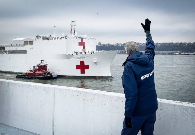 Mayor Bill de Blasio welcomes USNS Comfort to New York City on Monday, March 30, 2020. The U.S. Navy hospital ship will help alleviate the strain on local hospitals due to the COVID-19 outbreak.