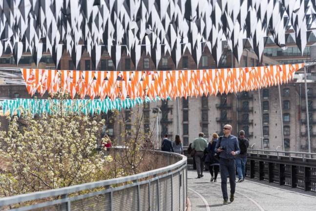 Daniel Buren, Photo-souvenir: The Garlands, work in situ (third version), 1982-2019, The High Line, New York, NY. Part of En Plein Air. A High Line Commission. On view April 2019 – March 2020.