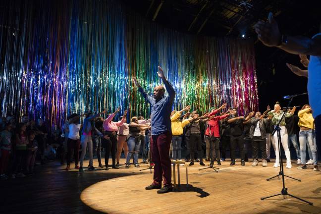 Baritone Jorell Williams and Vy Higginsen&#x2019;s Sing Harlem Choir perform in Nick Cave&#x2019;s &#x201c;The Let Go&#x201d; at the Park Ave Armory. Photo: James Ewing . Photo: James Ewing