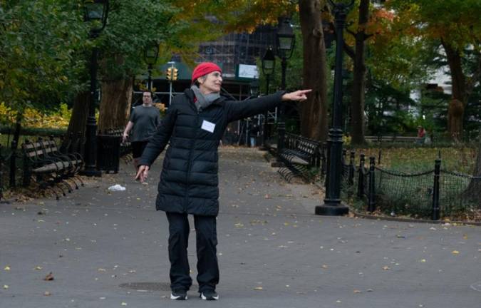 Naomi Goldberg-Haas, is a lifelong dancer who began teaching in LA more than 35 years ago and founded Dances for a Variable Population in NYC in 2009. She now teaches nearly two dozen mostly senior citizens at her outdoor dance classes held weekly in Washington Square Park. Photo: Mimi Lamarre