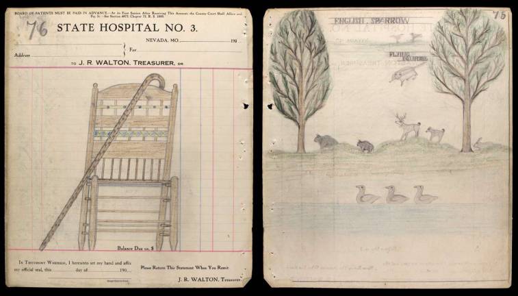 One of a folio of works, found discarded, by Edward Deeds, for whom drawing was a therapeutic form of escape from State Hospital No. 3. Photo Courtesy Hirschl &amp; Adler Gallery.