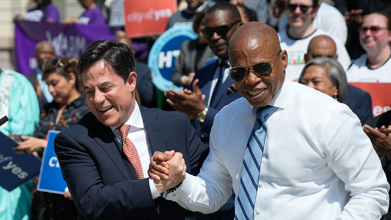 NYC Planning Commission Chair Dan Garodnick (left) and Mayor Eric Adams during a April 29 rally that promoted the “City of Yes” zoning amendment. The draft text entered public review that same day.