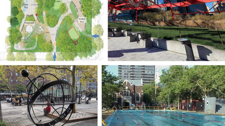 Clockwise: Ruppert Park’s redesign project is in its procurement phase; two new security cameras may be installed near Andrew Haswell Green Park this summer; John Jay’s new pool deck is expected to be completed by Memorial Day; St. Catherine’s Park’s design plans will be presented in May.