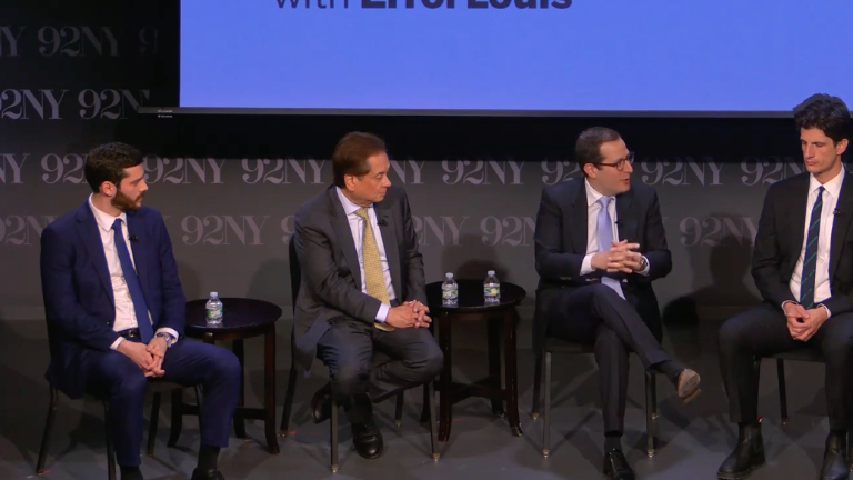 Four candidates in the NY-12 congressional race—(from left) State Assemblyman Alex Bores, George Conway, State Assemblyman Micah Lasher, and Jack Schlossberg—debated at an April 15 NY1 panel.