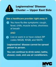 A warning on the NYC Health Dept. instructs UES residents to monitor for symptoms, as officials investigate the origins of the latest outbreak of Lenionnaires’ Disease.