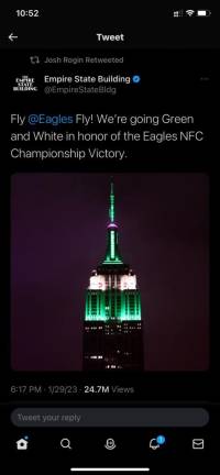 The Empire State Building triggered hometown outrage when it decided to adorn its fabled crown in the Eagles’ green and white colors on Jan. 29 when the football team from Philly qualified for this year’s Super Bowl. But long before then, New York fans had learned to have hate in their hearts for all teams Philadelphia. Photo: Twitter @ESB