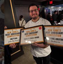 In happier times, Julien Khalaf shows his three consecutive People’s Choice Awards won by Julien Boulangerie shops in the New York’s Best Croissant Competition.