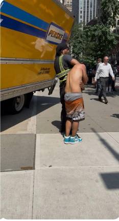 The driver of the allegedly stolen Penske truck was restrained by a security guard moments after crashing into an awning outside a furniture showroom on the corner of East 57th Street and Third Avenue.