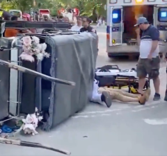 A spooked carriage horse flipped over another carriage near Central Park on Monday, May 18, hospitalizing the driver.