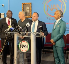 Two men, including Nunzio Quinto (second from left) have filed lawsuits in connection with Harlem’s Legionnaires’ outbreak. Quinto appeared at an Aug. 20 presser with Al Sharpton (far right) and Ben Crump (far left).