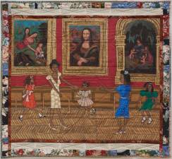 Faith Ringgold, “Dancing at the Louvre: The French Collection Part I, #1”, 1991. Quilted fabric and acrylic paint, 73 ½ x 80 ½ in. (186.7 x 204.5 cm). The Gund Gallery at Kenyon College, Gambier, Ohio, Gift of David Horvitz ’74 and Francie Bishop Good, 2017.5.6. © Faith Ringgold / ARS, NY and DACS, London, courtesy ACA Galleries, New York 2022