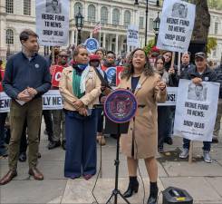 Daily News Union rally Oct. 29, 2025: left to right, News union rep Evan Simko-Bednarski, News Guild New York President Susan DeCarava, and City Council member Carmen De La Rosa, who chairs the Council’s labor committee.