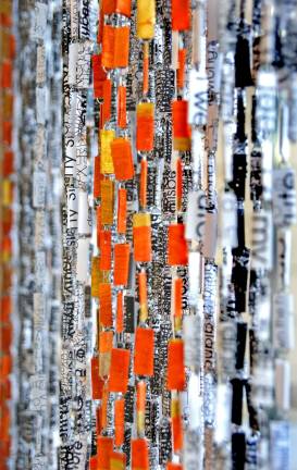 Detail of &quot;Wordfall,&quot; a site-specific art installation inspired by Brendan Ogg's poetry, conceived of by Francie Hester and Lisa Hill. It hangs in the lobby of the Josie Robertson Surgery Center at Sloan Memorial Kettering Cancer Center on York Avenue. Photo: Greg StaleyPhoto: Greg Staley