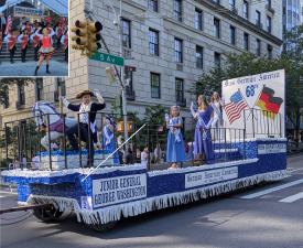 Steuben Day preview at Foley Square, Sep. 19 (inset); and the parade proper on Fifth Avenue the next day.