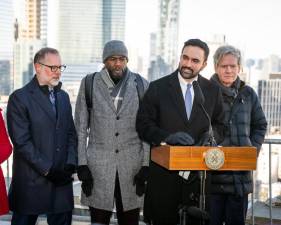 Mayor Zohran Mamdani at a Feb. 2 press conference atop the David M. Dinkins Municipal Building. He was joined by (from left) Comptroller Mark Levine, Public Advocate Jumaane Williams, and Manhattan B.P. Brad Hoylman-Sigal. Much of the discussion focused on efforts to fight the biting cold snap, which has killed 16.