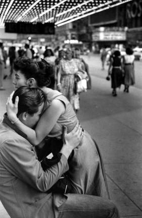 Ruth Orkin, “Street Embrace, New York City,” 1948-50, Gelatin silver print; printed c.1948-50, 9 3/8 x 6 1/4 inches, © Ruth Orkin Photo Archive, Courtesy of Howard Greenberg Gallery, New York