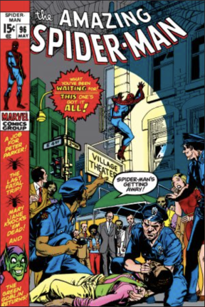 The 96th issue, The Amazing Spider-Man, published May 1971. Manhattan streets and NYPD are vividly on the cover, with Spirder-Man climbing buildings throughout NYC.