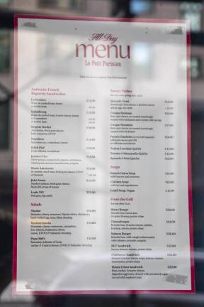 The cafe offered authentic French sandwiches, pastries, salads, main dishes, and coffee and tea.
