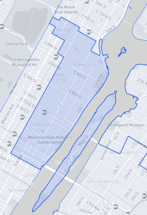Map of District 5 which covers the Upper East Side and Roosevelt Island. Over 6,000 people voted to determine how divvy up $1.85 million in participatory budget money in the district. The results were announced recently by Julie Menin.