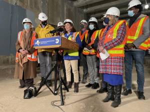 Carolyn Maloney (second from right) with Cordell Cleare (third from right), Kathy Hochul (center) and Gale Brewer (left), announcing Phase 2 of the Second Avenue subway expansion. Photo courtesy of Carolyn Maloney’s office