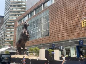 A 36-foot tall trojan horse statue emerged outside of the AMC Lincoln Square 13 theater, commemorating the July 14 premiere of Christopher Nolan’s “The Odyssey.”