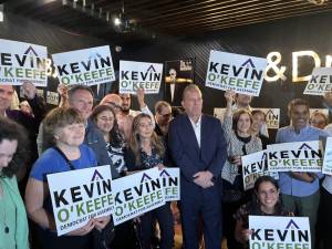 Kevin O’Keefe (center), at the kickoff party at Hill and Bay on Sept. 16, is the third Democrat to enter the race for what is expected to be a vacant Assembly seat in the 74th District on the East Side now held by Harvey Epstein, who is running for City Council.