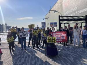 Protests continued against the Hudson River Park Trust for sticking with an ICE contract on Thursday, March 26, outside of Pier 57 on 11th Avenue.