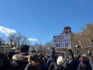 Rally on March 7 in Washington Square Park protesting Trump’s budget cuts to science and research.