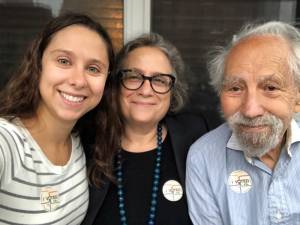 From left to right: Rebecca Weintraub, mom Sarah Steiner, Grandpa Henry Steiner after voting together in 2018 election. Photo courtesy of Rebecca Weintraub