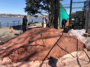 To celebrate the first day of spring, Riverside Park Conservancy held its annual “Clay Date” – marking the delivery of seven tons of red clay for New York’s only outdoor public red clay tennis courts. Photo courtesy of Riverside Park Conservancy