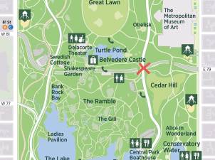 Gunpoint robbery spree in Central Park on Sept. 17 included four incidents, one at the 79th Stree Transverse and East Drive (marked in red), with six victims in total in the course of a robbery spree of just over one hour.
