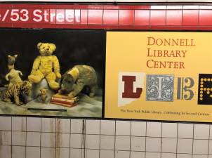 The Winnie the Pooh dolls at the Donnell Library as displayed on thewall panels of the MTA's Art Stop at the Fifth Avenue / 53rd Street station. The dolls moved out in 2008 when the library was closed prior to its demolition in 2011.
