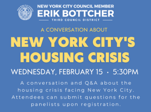 Councilmember Erik Bottcher, who represents a district that includes Chelsea, Hudson Yards and parts of Greenwich Village, hosted an online conversation about the lack of affordable housing in New York that drew the head of the Planning Commission, Dan Garodnick, and the NYC chief housing officer Jessica Katz. Photo: Office of Erik Bottcher