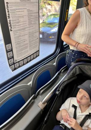 Baby strollers pose another kind of mobility issue. MTA policy dictates that strollers must be folded on buses, but the rule is not enforced. Here a stroller takes up three seats, needed for other riders. A hundred new NYC Transit buses are on order with stroller zones to alleviate this problem.