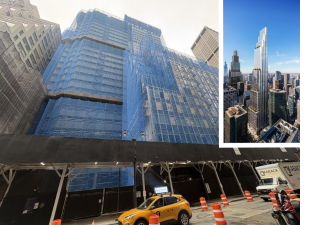Half of the block cornered by Park Avenue and East 51st street is now covered in blue netting as demolition for 350 Park Avenue begins. Rendering of skyscraper inset.