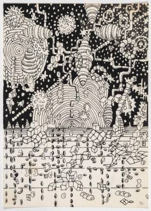 Gary Panter, “Psychedelic Landscape,” 1990, Ink on paper, 11 x 8.5 inches. Photo courtesy the artist and Fredericks &amp; Freiser, New York