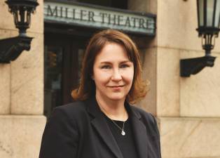 Melissa Smey outside the Miller Theatre at Columbia University.