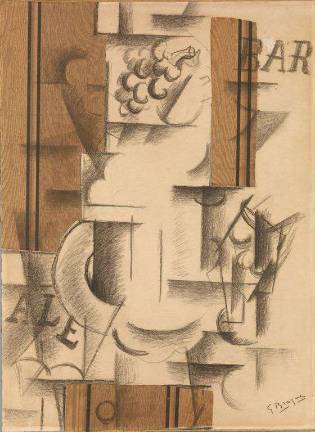 Fruit Dish and Glass Sorgues, autumn 1912 Charcoal and cut-and-pasted printed wallpaper with gouache on white laid paper; subsequently mounted on paperboard 24 3/4 &times; 18 in. / 62.9 &times; 45.7 cm Promised Gift from the Leonard A. Lauder Cubist Collection &Copy; 2014 Artists Rights Society (ARS), New York / ADAGP, Paris