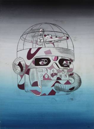 Xanti Schawinsky, The Aviator, from the series Faces of War, 1942, mixed media, watercolor and ink, 28 ? x 21 in. Courtesy of the Xanti Schawinsky Estate, Switzerland, and Broadway 1602, New York. © Xanti Schawinsky, image provided by Broadway 1602, New York