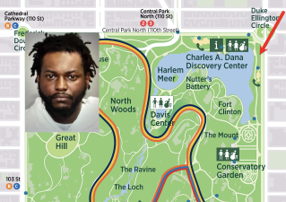 Lateef Caldwell (inset) has been charged with attempted rape in Central Park, near East 109th Street and East Drive.