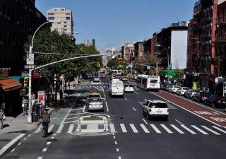 An offset bus lane on First Ave., cited by the NYC DOT as a benchmark for a similar one slated for construction on Third Ave. in the UES.