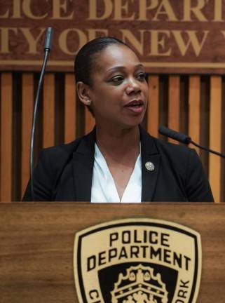 Keechant Sewell speaking at a press conference in April of 2022. She announced her resignation as NYPD Police Commissioner on Monday, June 12th. (Marc A. Hermann / MTA)