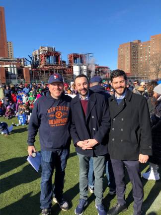 <b>PSLL President Seth Coren (left) with City Councilman Keith Powers (center) and NYS Assemblyman Alex Bores at the Peter Stuyvesant Little League opening day ceremony.</b> Photo: Keith J. Kelly