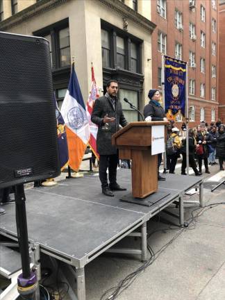 <b>City Council member Chris Marte urged people to support domestic home health attendants today, who are often poor, immigrants while speaking at the Triangle Shirtwaist factory fire commemoration.</b> Photo: Keith J. Kelly