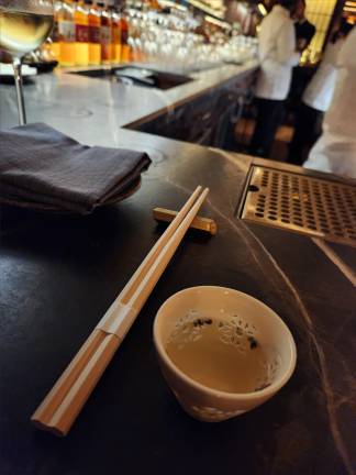 A complimentary dashi starts the dining experience at Teruko, downstairs at the Hotel Chelsea.